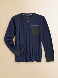 Stripes tip the chest pocket of this soft cotton tee to team with denims and cords.Henley collarButton placketChest pocketLong sleevesContrast banding at collar, cuffs and pocketLogo tab at hipCottonMachine washImported Please note: number of buttons may vary depending on size ordered. Stripes tip the chest pocket of this soft cotton tee to team with denims and cords.Henley collarButton placketChest pocketLong sleevesContrast banding at collar, cuffs and pocketLogo tab at hipCottonMachine washImported Please note: number of buttons may vary depending on size ordered.