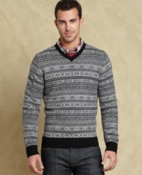 Add some polish to your layered look with this v-neck sweater with classic pattern detailing from Tommy Hilfiger. Add some polish to your layered look with this v-neck sweater with classic pattern detailing from Tommy Hilfiger.