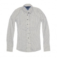 Tommy Hilfiger Women Fashion Ruffle Striped Shirt (S, Off white/navy) Tommy Hilfiger Women Fashion Ruffle Striped Shirt (S, Off white/navy)