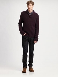 A shawl collar and tweed design lend a gentlemanly air to this pullover. Shawl collarFront single button closureLong ribbed cuff sleeves Ribbed hem WoolDry clean Imported A shawl collar and tweed design lend a gentlemanly air to this pullover. Shawl collarFront single button closureLong ribbed cuff sleeves Ribbed hem WoolDry clean Imported