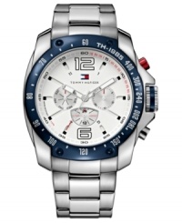 Touches of blue and red add Tommy Hilfiger's all-American style to this steel watch. Touches of blue and red add Tommy Hilfiger's all-American style to this steel watch.