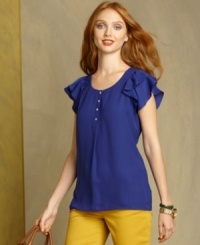 Tommy Hilfiger's flutter-sleeve top is made from a cotton and linen blend for a super-soft look and feel. The vibrant color instantly energizes any ensemble, too! Tommy Hilfiger's flutter-sleeve top is made from a cotton and linen blend for a super-soft look and feel. The vibrant color instantly energizes any ensemble, too!