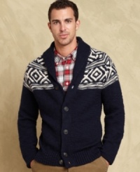 A classic pattern on this timeless shawl-collar cardigan from Tommy Hilfiger makes it a must-have for the season.