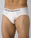 Emporio Armani stretch cotton briefs. Enhanced slim fitting stretch cotton briefs. Features comfortable microfiber logo waistband.