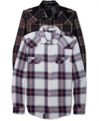 This stylish LRG button down pairs a classic plaid design with a flattering modern fit. This stylish LRG button down pairs a classic plaid design with a flattering modern fit.