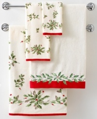 A season worth celebrating. Add festive flair to your bath with Lenox Holiday towels, featuring an elegant holly-and-berry print with contrasting bands of red and touches of glittering gold. A season worth celebrating. Add festive flair to your bath with Lenox Holiday towels, featuring an elegant holly-and-berry print with contrasting bands of red and touches of glittering gold.