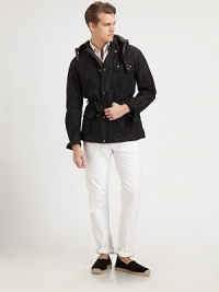 This modern iteration of a classic utility jacket is crafted from sleek waxed cotton, offering rugged style and water-repellent function.Zip frontSnap button placketAttached drawstring hoodChest and waist flap pocketsBelted waistFully linedAbout 31 from shoulder to hemCottonSponge cleanImported This modern iteration of a classic utility jacket is crafted from sleek waxed cotton, offering rugged style and water-repellent function.Zip frontSnap button placketAttached drawstring hoodChest and waist flap pocketsBelted waistFully linedAbout 31 from shoulder to hemCottonSponge cleanImported