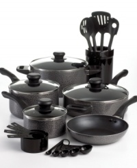 Basically, you're all set! Cover all your bases in the kitchen with a comprehensive set of the basic must-haves that chefs and first time cooks, alike, will adore. The enameled aluminum collection features incredible nonstick interiors that promote reduced-fat and quicker cooking. Limited lifetime warranty. Basically, you're all set! Cover all your bases in the kitchen with a comprehensive set of the basic must-haves that chefs and first time cooks, alike, will adore. The enameled aluminum collection features incredible nonstick interiors that promote reduced-fat and quicker cooking. Limited lifetime warranty.