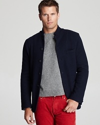 A unique and whimsical take on a sport coat design rendered completely in wool for a warm, casual cool aesthetic. A unique and whimsical take on a sport coat design rendered completely in wool for a warm, casual cool aesthetic.