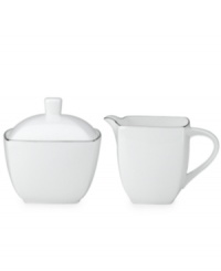 With lightweight construction in fine bone china, a softly squared design and platinum edging, the Mikasa Couture Platinum covered sugar bowl (not shown) offers a new take on sophisticated modern dining. With lightweight construction in fine bone china, a softly squared design and platinum edging, the Mikasa Couture Platinum covered sugar bowl (not shown) offers a new take on sophisticated modern dining.