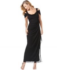 A beautiful draped silhouette lends a romantic look to this special occasion dress from Alex Evenings' collection of petite apparel. A beautiful draped silhouette lends a romantic look to this special occasion dress from Alex Evenings' collection of petite apparel.