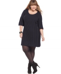 Winterize your wardrobe with Pink Rose's three-quarter sleeve plus size sweater dress, crafted from a cable knit. Winterize your wardrobe with Pink Rose's three-quarter sleeve plus size sweater dress, crafted from a cable knit.