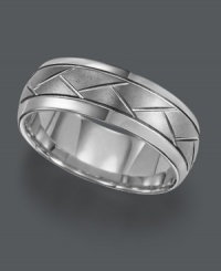 Edgy style with a smooth fit. This sophisticated men's ring by Triton features a patterned surface in a slightly dome-shaped tungsten carbide band (8 mm). Sizes 8-15. Edgy style with a smooth fit. This sophisticated men's ring by Triton features a patterned surface in a slightly dome-shaped tungsten carbide band (8 mm). Sizes 8-15.
