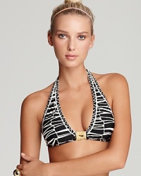 Sultry swimwear gets a warm welcome to the jungle in this Trina Turk zebra-patterned halter bikini top. A retro-inspired golden buckle accent adds a luxe touch. Sultry swimwear gets a warm welcome to the jungle in this Trina Turk zebra-patterned halter bikini top. A retro-inspired golden buckle accent adds a luxe touch.