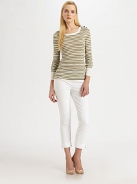 A lightweight linen blend sweater featuring nautical-inspired stripes and button details. Round neckLong sleevesButton details on shoulderSolid, ribbed trimPull-on styleAbout 25 from shoulder to hem45% linen/33% viscose/22% polyamideHand washImported of Italian fabric Model shown is 5'11 (180cm) wearing US size Small. A lightweight linen blend sweater featuring nautical-inspired stripes and button details. Round neckLong sleevesButton details on shoulderSolid, ribbed trimPull-on styleAbout 25 from shoulder to hem45% linen/33% viscose/22% polyamideHand washImported of Italian fabric Model shown is 5'11 (180cm) wearing US size Small.