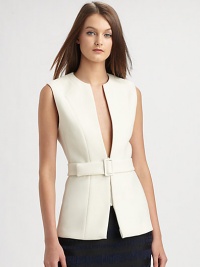 Silk-trimmed vest with an unexpected front zipper and waist-cinching belt. RoundneckSleevelessFront zipperDetachable beltBody: 65% triacetate/35% polyester; Contrast: SilkDry cleanImportedModel shown is 5'10 (177cm) wearing US size 2. Silk-trimmed vest with an unexpected front zipper and waist-cinching belt. RoundneckSleevelessFront zipperDetachable beltBody: 65% triacetate/35% polyester; Contrast: SilkDry cleanImportedModel shown is 5'10 (177cm) wearing US size 2.