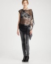 An edgy-chic take on layering, this semi-sheer top of pure silk has asymmetrically draped details and an abstract, yet subtle print. BoatneckSingle short sleeveSingle long kimono sleeveSelf-beltAsymmetrical hemSilk chiffonDry cleanImported of Italian fabricModel shown is 5'10 (177cm) wearing US size Small.
