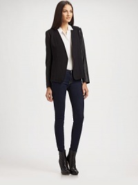 A sleek update on the classic blazer, collarless with edgy shoulder zips and rich leather sleeves.Contour necklineOpen frontBodice seamsAbout 23 from shoulder to hemBody: 94% viscose/6% elastane; sleeves: leatherDry clean by a leather specialistImported of Italian fabricModel shown is 5'10½ (179cm) wearing US size Small. A sleek update on the classic blazer, collarless with edgy shoulder zips and rich leather sleeves.Contour necklineOpen frontBodice seamsAbout 23 from shoulder to hemBody: 94% viscose/6% elastane; sleeves: leatherDry clean by a leather specialistImported of Italian fabricModel shown is 5'10½ (179cm) wearing US size Small.