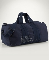 Washed and tumbled for a vintage look, this sturdy canvas duffle encourages owners to go the distance in style. Washed and tumbled for a vintage look, this sturdy canvas duffle encourages owners to go the distance in style.