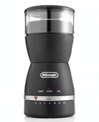 Bring out bigger, bolder taste in every cup. The De'Longhi blade-style coffee grinder features an electronic grind selector with three settings -- coarse, medium and fine -- and a quantity control knob that make fresh beans ready-to-brew in seconds. One-year limited warranty. Model KG49. Bring out bigger, bolder taste in every cup. The De'Longhi blade-style coffee grinder features an electronic grind selector with three settings -- coarse, medium and fine -- and a quantity control knob that make fresh beans ready-to-brew in seconds. One-year limited warranty. Model KG49.