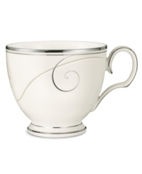 Fluid platinum scrolls glide freely throughout this beautiful fine china cup from Noritake. Easy to match with any decor, the fresh and elegant Platinum Wave collection of dinnerware and dishes is a timeless look for fine dining or luxurious everyday meals. Fluid platinum scrolls glide freely throughout this beautiful fine china cup from Noritake. Easy to match with any decor, the fresh and elegant Platinum Wave collection of dinnerware and dishes is a timeless look for fine dining or luxurious everyday meals.