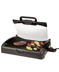 Double duty! Take your grill inside and outside for authentic, grilled flavor at every meal. Meals are made easy with an adjustable temperature probe and drip container to catch all of the excess fat and grease. The dishwasher-safe nonstick plate detaches for quick clean-up, and the compact design packs up nicely for space-saving storage. 1-year warranty. Model GR28215. Double duty! Take your grill inside and outside for authentic, grilled flavor at every meal. Meals are made easy with an adjustable temperature probe and drip container to catch all of the excess fat and grease. The dishwasher-safe nonstick plate detaches for quick clean-up, and the compact design packs up nicely for space-saving storage. 1-year warranty. Model GR28215.
