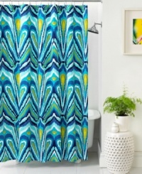Taking inspiration from the regal peacock, this shower curtain from Trina Turk features an abstract peacock feather design in vibrant blue and green tones for a modern look. Pair with matching comforter and duvet cover sets for the bedroom. Taking inspiration from the regal peacock, this shower curtain from Trina Turk features an abstract peacock feather design in vibrant blue and green tones for a modern look. Pair with matching comforter and duvet cover sets for the bedroom.