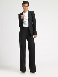 Smooth stretch wool pants with wide, straight legs.Wide waistband with hook-and-eye Belt loops Flat front with zip closure Inseam, about 35 96% virgin wool/4% elastane Dry clean Imported Smooth stretch wool pants with wide, straight legs.Wide waistband with hook-and-eye Belt loops Flat front with zip closure Inseam, about 35 96% virgin wool/4% elastane Dry clean Imported