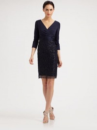 Intricate lace, adorned with delicate, sparkling sequins and crowned with a soft jersey bodice.Surplice necklineThree-quarter sleevesRuched satin waistbandSequined, embroidered lace skirtV back with concealed zipFully linedAbout 24 from natural waist70% rayon/30% polyesterDry cleanImportedModel shown is 5'10 (177cm) wearing US size 4. Intricate lace, adorned with delicate, sparkling sequins and crowned with a soft jersey bodice.Surplice necklineThree-quarter sleevesRuched satin waistbandSequined, embroidered lace skirtV back with concealed zipFully linedAbout 24 from natural waist70% rayon/30% polyesterDry cleanImportedModel shown is 5'10 (177cm) wearing US size 4.