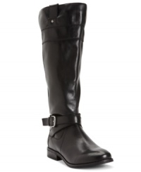A sophisticated silhouette makes Marc Fisher's Arty tall riding boots a total must-have. They feature an around the ankle strap with buckle and small sturdy heel. A sophisticated silhouette makes Marc Fisher's Arty tall riding boots a total must-have. They feature an around the ankle strap with buckle and small sturdy heel.