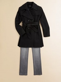 Back pleats freshen up this sophisticated trench-style peacoat, featuring belted waist.Notched lapelButton closureTie waistDual seam pocketsPleated backWool/polyester/viscoseFully linedMachine washImported Back pleats freshen up this sophisticated trench-style peacoat, featuring belted waist.Notched lapelButton closureTie waistDual seam pocketsPleated backWool/polyester/viscoseFully linedMachine washImported