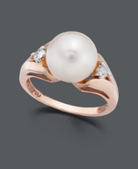 Look perfectly polished and poised in this traditional pearl ring with a modern twist. A stunning, cultured freshwater pearl (9-1/2-10 mm) and sparkling round-cut diamonds (1/6 ct. t.w.) add sophistication to a trendy, 14k rose gold band. Look perfectly polished and poised in this traditional pearl ring with a modern twist. A stunning, cultured freshwater pearl (9-1/2-10 mm) and sparkling round-cut diamonds (1/6 ct. t.w.) add sophistication to a trendy, 14k rose gold band.