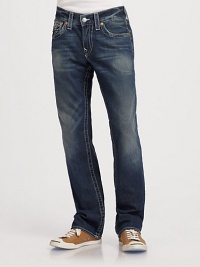 Straight-leg classic with natural contrast stitching in a slightly faded medium-wash.Five pocket styleZip flyStitched back flap pocketsInseam, about 34CottonMachine washMade in USA Straight-leg classic with natural contrast stitching in a slightly faded medium-wash.Five pocket styleZip flyStitched back flap pocketsInseam, about 34CottonMachine washMade in USA