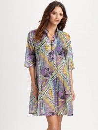 A vibrant geo-tribal print makes this trapeze dress a must-have. Mandarin collarElbow-length sleevesButton placketPull-on style70% cotton/30% silkDry cleanMade in Italy A vibrant geo-tribal print makes this trapeze dress a must-have. Mandarin collarElbow-length sleevesButton placketPull-on style70% cotton/30% silkDry cleanMade in Italy