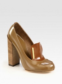 Impeccably crafted of buttery two-tone leather with contrast stitching, sleek goldtone bars and a sky-high heel. Stacked heel, 4¼ (110mm)Leather upperLeather lining and solePadded insoleMade in ItalyOUR FIT MODEL RECOMMENDS ordering true size. Impeccably crafted of buttery two-tone leather with contrast stitching, sleek goldtone bars and a sky-high heel. Stacked heel, 4¼ (110mm)Leather upperLeather lining and solePadded insoleMade in ItalyOUR FIT MODEL RECOMMENDS ordering true size.