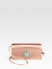 Rich satin finished with a crystal turnlock closure.Adjustable detachable shoulder strap, 20-24 dropTurnlock flap closureProtective metal feetOne inside open pocketSatin lining7W X 3¼H X 1¼DMade in Italy Rich satin finished with a crystal turnlock closure.Adjustable detachable shoulder strap, 20-24 dropTurnlock flap closureProtective metal feetOne inside open pocketSatin lining7W X 3¼H X 1¼DMade in Italy