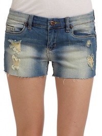 THE LOOKLight wash denimDistressed, ripped and faded detailsNarrow waistband with belt loops and logo button closureFront zipper5-pocket styleFrayed cut-off hemBack waist logo patchRaised dot detail on back pocketTHE FITRise, about 7½Inseam, about 2THE MATERIAL98% cotton/2% spandexCARE & ORIGINMachine washImportedModel shown is 5'9 (175cm) wearing US size 4. THE LOOKLight wash denimDistressed, ripped and faded detailsNarrow waistband with belt loops and logo button closureFront zipper5-pocket styleFrayed cut-off hemBack waist logo patchRaised dot detail on back pocketTHE FITRise, about 7½Inseam, about 2THE MATERIAL98% cotton/2% spandexCARE & ORIGINMachine washImportedModel shown is 5'9 (175cm) wearing US size 4.