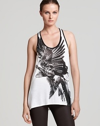 Your personal style is flying high and it's clear when you work this Helmut Lang bird-print tank. Boasting a sporty racerback and high/low hem, it's cool solo or layered under a sheer cardi.