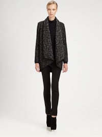 Textural two-tone tweed, cut in an artfully draped cardigan silhouette.Shawl collarOpen, draped frontLong sleevesAbout 32 from shoulder to hem60% wool/40% cottonDry cleanImported of Italian fabricModel shown is 5'11 (180cm) wearing US size Small. Textural two-tone tweed, cut in an artfully draped cardigan silhouette.Shawl collarOpen, draped frontLong sleevesAbout 32 from shoulder to hem60% wool/40% cottonDry cleanImported of Italian fabricModel shown is 5'11 (180cm) wearing US size Small.