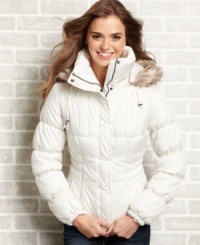 Buffer the cold in classic style! This puffer coat from Pink Envelope features a faux-fur-trimmed hood -- plus a form-fitting design that's both figure-flattering and cute. Buffer the cold in classic style! This puffer coat from Pink Envelope features a faux-fur-trimmed hood -- plus a form-fitting design that's both figure-flattering and cute.