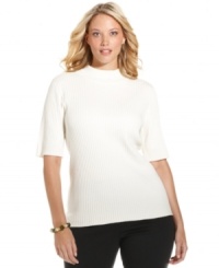 Cozy up in Charter Club's half sleeve plus size sweater, crafted from a ribbed knit.