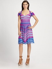 Bold variegated stripes pop on this comely silk frock tailored with a flared hem and skin-baring open shoulders.Halter necklineShort sleeves with open shouldersBodice dartsDropped waistPleated skirtCenter back zipperAbout 23 from shoulder to hemSilkDry cleanMade in USA of imported fabricModel shown is 5'8½ (174cm) wearing US size 4. Bold variegated stripes pop on this comely silk frock tailored with a flared hem and skin-baring open shoulders.Halter necklineShort sleeves with open shouldersBodice dartsDropped waistPleated skirtCenter back zipperAbout 23 from shoulder to hemSilkDry cleanMade in USA of imported fabricModel shown is 5'8½ (174cm) wearing US size 4.