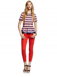 A flirty ruffled peplum sweetens this bodly striped cotton crewneck.Short sleevesFlat frontPullover styleCenter back zipperAbout 23 from shoulder to hem97% cotton/3% spandexDry cleanImportedModel shown is 5'10 (177cm) wearing US size 4.