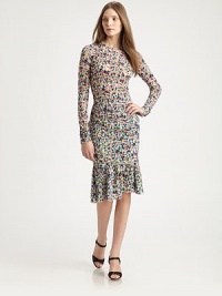 A colorful floral print decorates this flirty, form-fitting silk design.Self waistbandAllover ruchingFlared, ruffled hemlineDiagonal seamingSilk liningConcealed side zipAbout 21 longSilkDry cleanImportedModel shown is 5'10 (177cm) wearing US size 4. A colorful floral print decorates this flirty, form-fitting silk design.Self waistbandAllover ruchingFlared, ruffled hemlineDiagonal seamingSilk liningConcealed side zipAbout 21 longSilkDry cleanImportedModel shown is 5'10 (177cm) wearing US size 4.