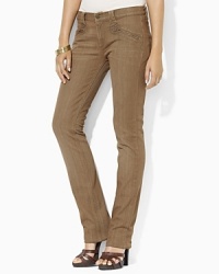 Designed in stretch denim for comfort and a flattering fit, a classic straight-leg jean is distinguished by a rich, earthy hue and chic zip-up pockets. Designed in stretch denim for comfort and a flattering fit, a classic straight-leg jean is distinguished by a rich, earthy hue and chic zip-up pockets.
