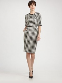 Finespun wool tweed, woven in a sharp houndstooth pattern and cinched at the waist with a delicate, slender belt.Jewel necklineElbow-length sleevesContrast pipingIncluded beltConcealed back zipSilk liningAbout 25 from natural waist97% wool/3% elastaneDry cleanMade in USA of imported fabricModel shown is 5'10 (177cm) wearing US size 4. Finespun wool tweed, woven in a sharp houndstooth pattern and cinched at the waist with a delicate, slender belt.Jewel necklineElbow-length sleevesContrast pipingIncluded beltConcealed back zipSilk liningAbout 25 from natural waist97% wool/3% elastaneDry cleanMade in USA of imported fabricModel shown is 5'10 (177cm) wearing US size 4.