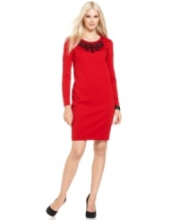 Jones New York dresses up a charismatic red shift with beautiful beading at the neckline. Jones New York dresses up a charismatic red shift with beautiful beading at the neckline.