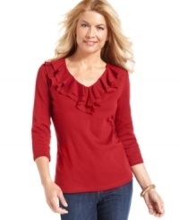 Karen Scott's cotton top is a feminine take on the classic V-neck, complete with ruffled trim and versatile colors to choose from! Karen Scott's cotton top is a feminine take on the classic V-neck, complete with ruffled trim and versatile colors to choose from!