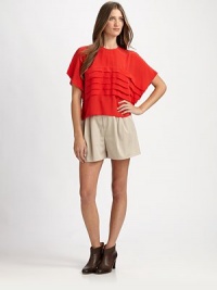 Tiered pleats lend tailored chic to this breezy silk sheath.Jewel necklineDropped shouldersShort sleevesKeyhole back with button closureAbout 21 from shoulder to hemSilkDry cleanMade in USA of imported fabric Tiered pleats lend tailored chic to this breezy silk sheath.Jewel necklineDropped shouldersShort sleevesKeyhole back with button closureAbout 21 from shoulder to hemSilkDry cleanMade in USA of imported fabric