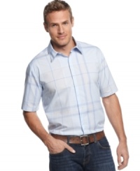 Get old-school cool in this classic plaid shirt from Calvin Klein. Get old-school cool in this classic plaid shirt from Calvin Klein.